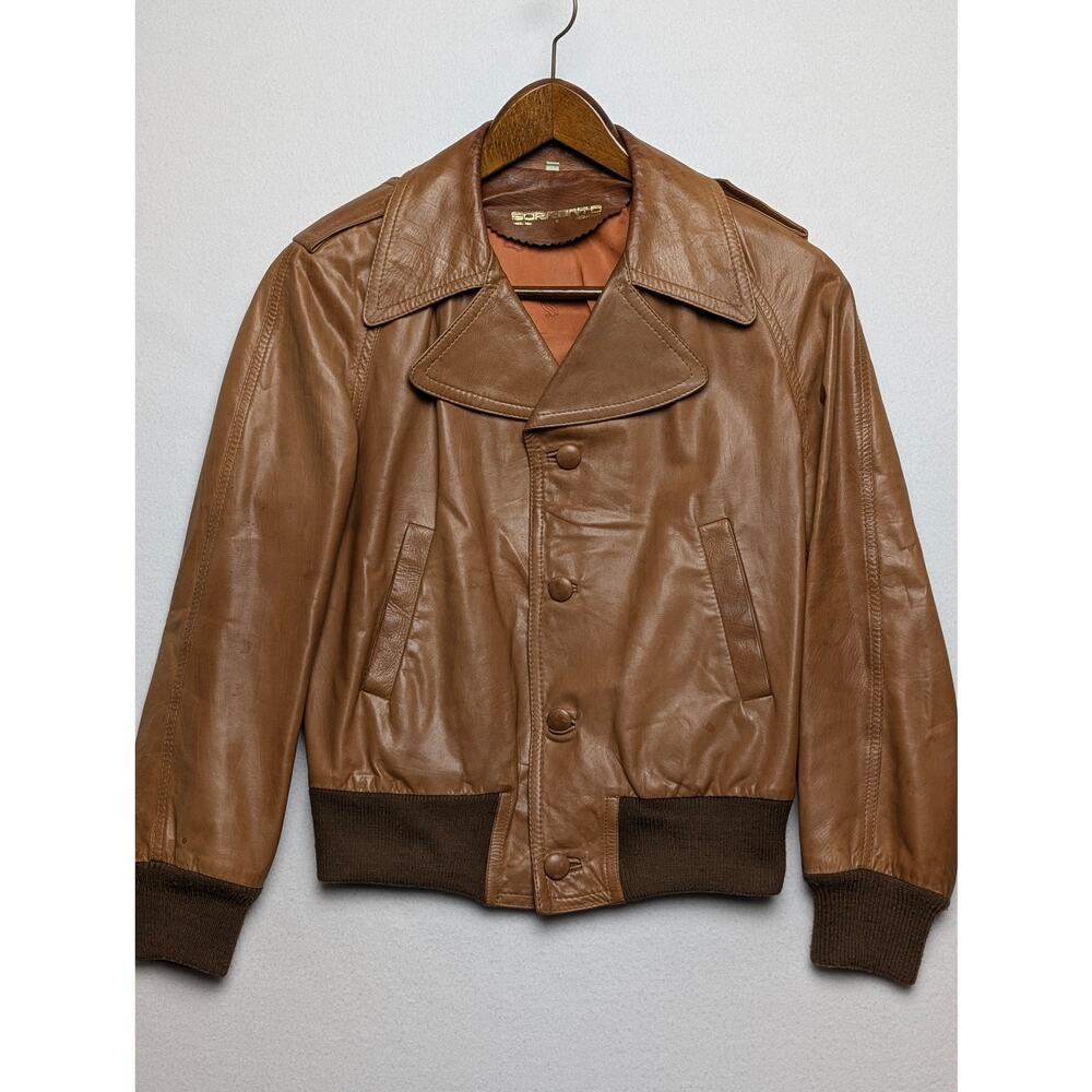 Vintage Sorrento‎ Light Brown Leather Jacket Size 38 Lapels Ribbed Cuff and Hem